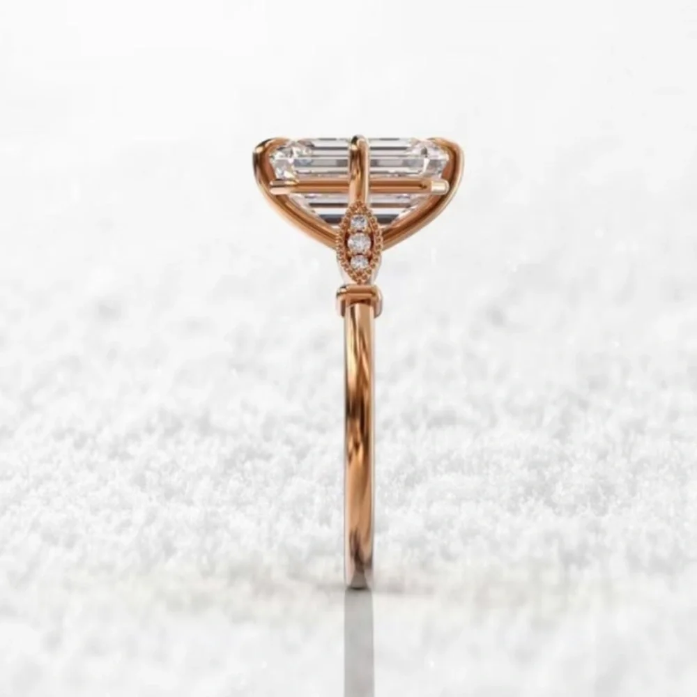 Rose Gold Emerald-Cut Clear Crystal Solitaire Ring